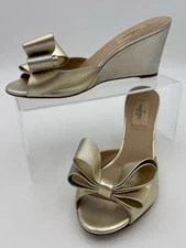 Valentino Garavani Bow Accent Wedge Mules Gold Leather Size 37.5 / 7.5 Authentic