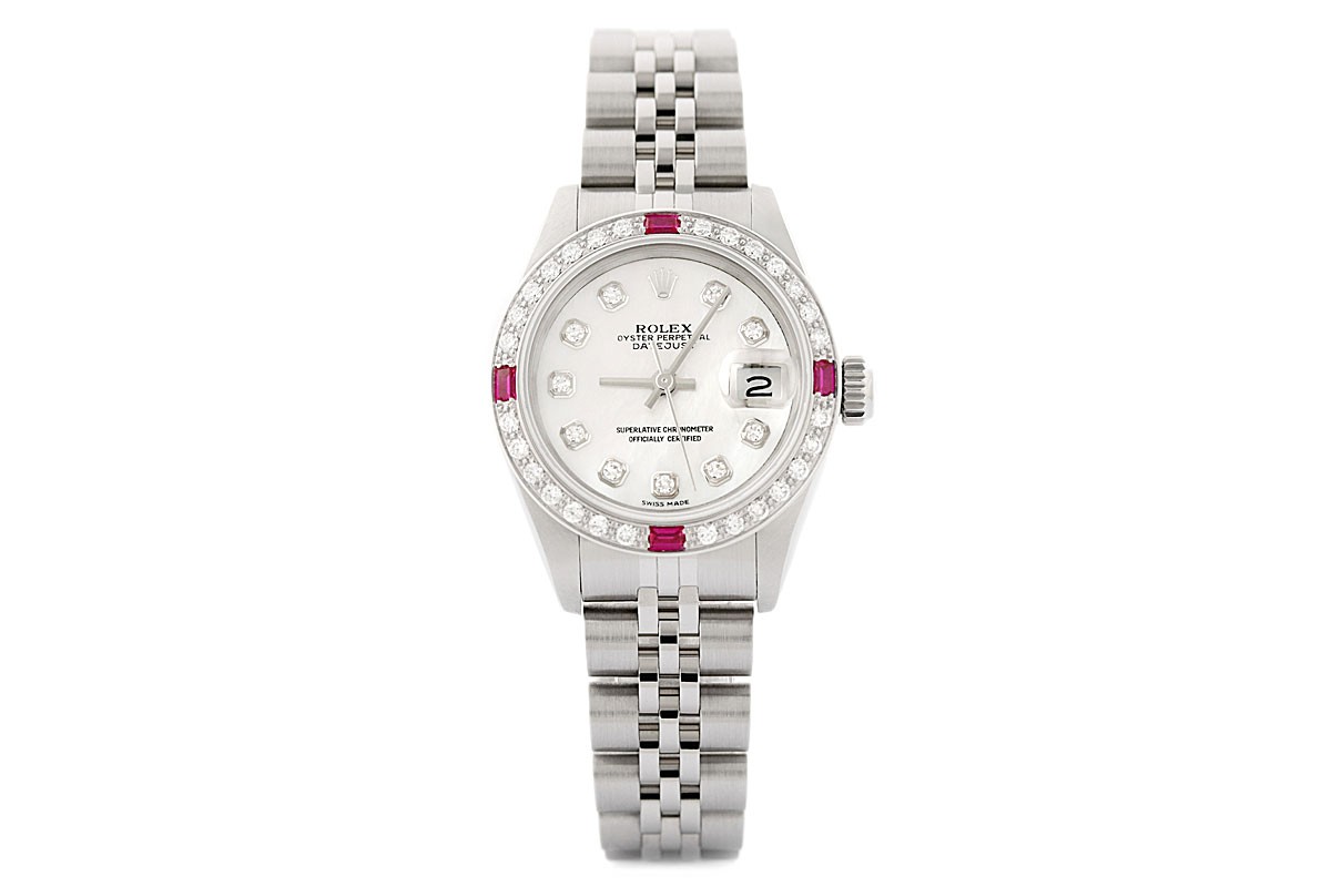 Rolex Datejust White Mother of Pearl Diamond Ruby 18K Gold & SS