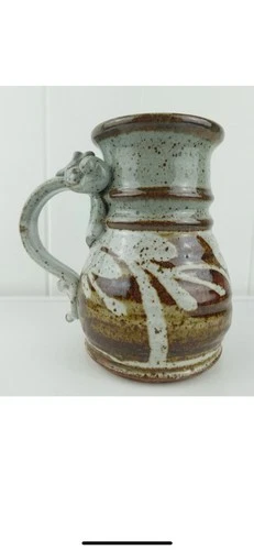 VTG Huge Studio Art Pottery JOHN SCHULPS Signed Thumb Rest Stoneware Blue Mug 7”