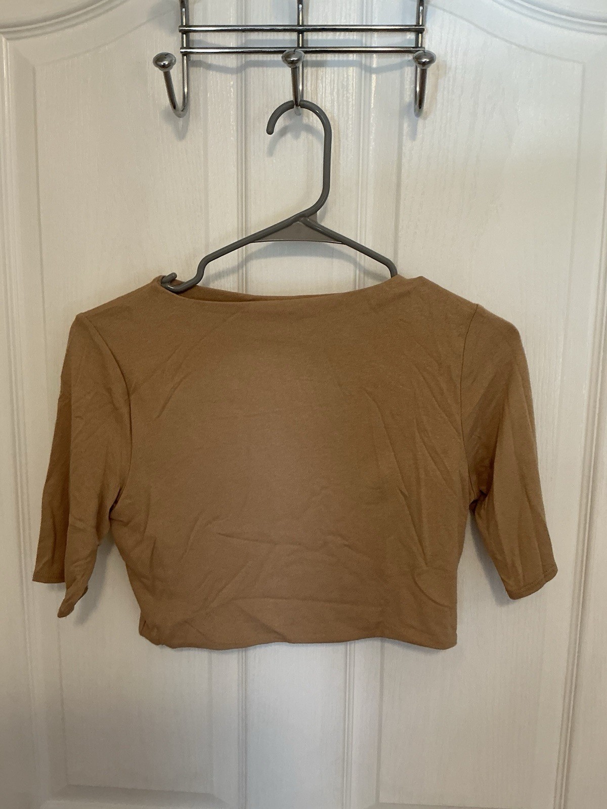 Naked Wardrobe Beige Cropped Spandex Top Size L Short Sleeve NWOT Cute-image