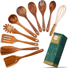 AIUHI 10 Pack Wooden Spoons for Cooking, Teak Wood Kitchen Utensils Set for Non