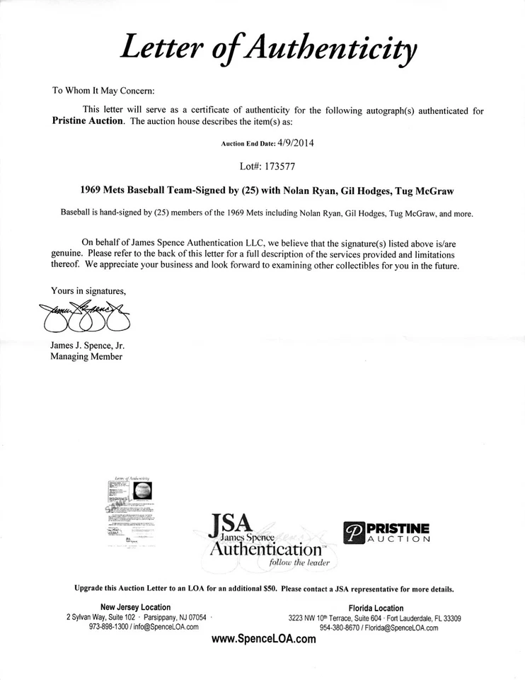 1969 Mets team signed baseball Gil Hodges Nolan Ryan Tom Seaver McGraw +22 (JSA) - Image 2 of 4