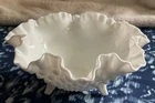 Vintage Fenton Milk Glass Hobnail 3 Footed Ruffled Candy Dish Bowl 8”