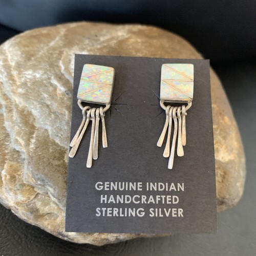 Womens White Opal Inlay Navajo Sterling Silver Dangle Post Earrings 0.5" 12765 - 第 2/12 張圖片
