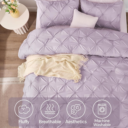 Light Purple King Size Comforter Set - 3 Pieces Boho Pintuck Bedding Comforter S - Picture 4 of 12
