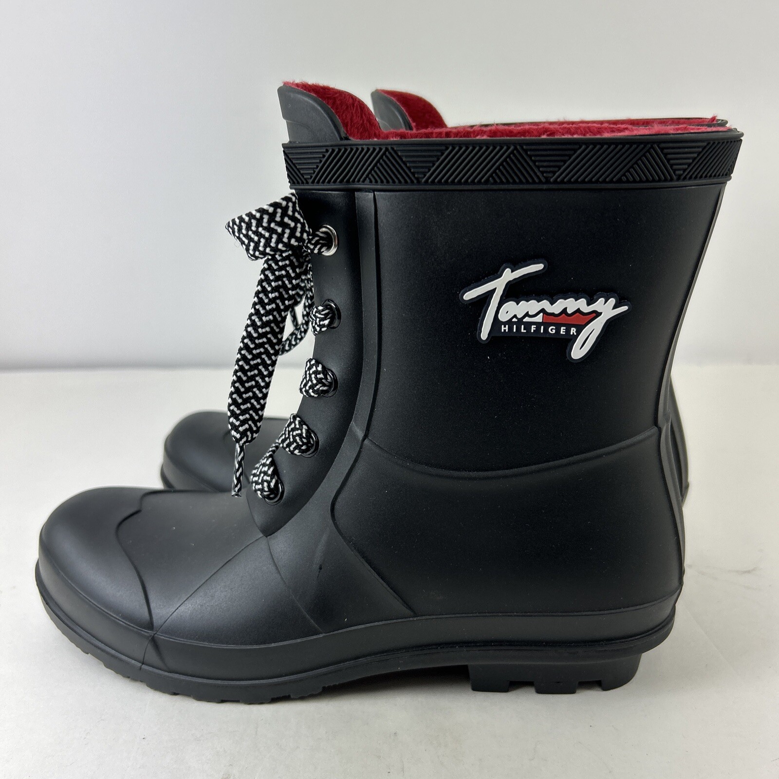 Tommy Hilfiger Womens TWTamar Rain Booties Blk 8M Faux  Fur Sock Lining Pink