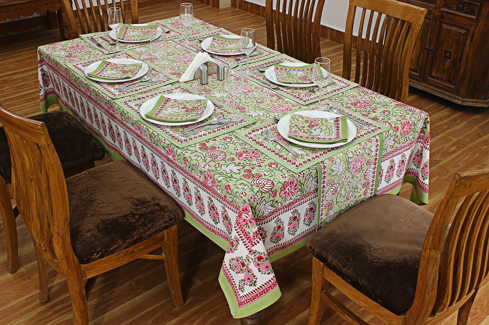 Green Red Block Print Rectangle Dining Tablecloth Linen