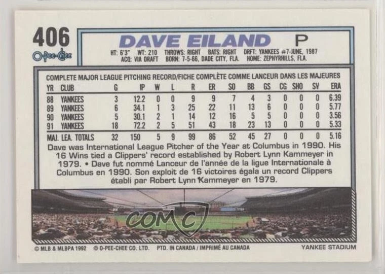 1992 O-Pee-Chee Dave Eiland #406 - Image 2 of 2