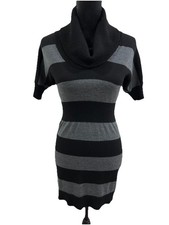 LOFT Sweater Dress Womens Size XXS grey black striped cowl neck Short Sleeve