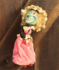 Vintage Pelham Puppets Wicked Green Witch Marionette Doll Pink Dress Rare Old