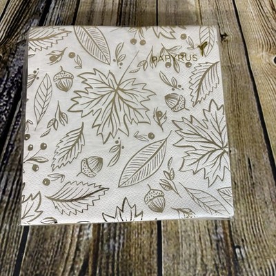 PAPYRUS Napkins Fall Leaves Acorns Gold Foil White 40 Lunch 3 Ply Paper