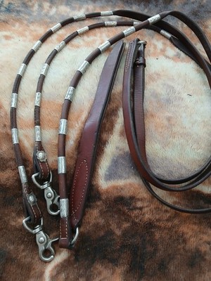 Vintage Victor Quality med oil leather romel reins w/beautiful silver ferrules