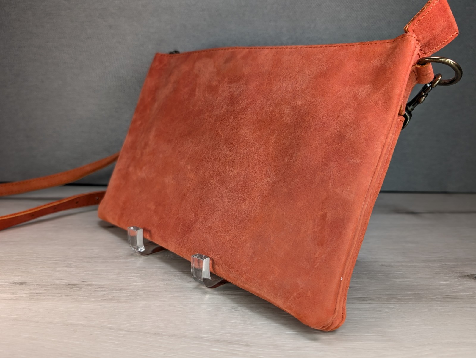 ABLE Raw Leather Crossbody Bag / Purse Top Zip Multiple Pockets 11" x 7" 