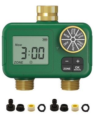 2 Zone Water Timer for Garden Hose, 3/4 in Brass Inlet and Outlets, Battery O...