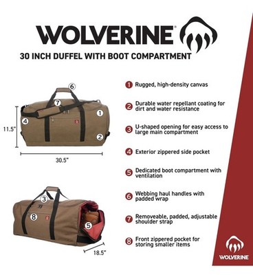 WOLVERINE 30'' Duffel with Boot Made from High-Density Canvas, 112L Capacity M...