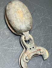 Vintage Antique 4" Block and Tackle Single Wheel Pulley Brass Hardware Wood Iron