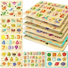 Wooden Peg Puzzle for Toddlers 2 3 4 Years Old, 6 Pcs Montessori Puzzle - Alp...