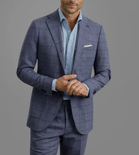 2025 JOS A BANK Signature Slate Blue Windowpane Plaid Blue Full Suit 44R Wool
