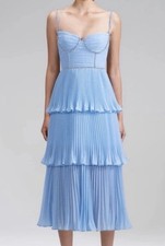 Self-Portrait Blue Chiffon Pleated Tiered Midi Dress Beaded Trim Size 6