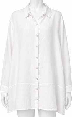 Tahari XL 100% Linen Tunic Top White Button Front Roll Tab Sheer Long Sleeve