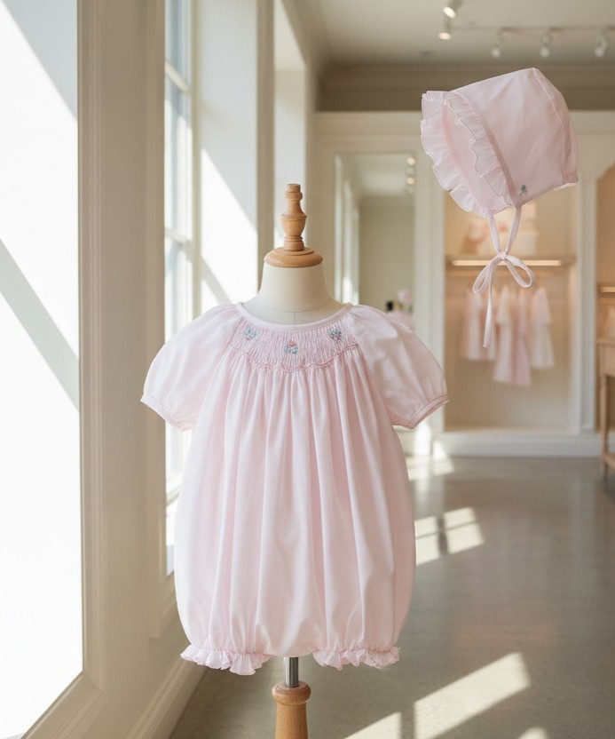NWT Petit Ami Pink Smocked 2pc Bubble Romper Preemie Bonnet Baby Girls Bonnet