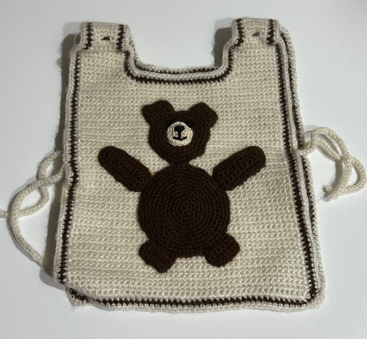 Vintage Hand Made Crocheted Baby Bib Ivory Brown Teddy