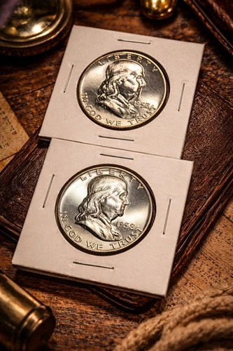 of 2 Franklin Half Dollars – 1957 & 1958 – Brilliant Uncirculated – 90% Silver