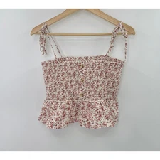 Paper Crane Floral Smocked Square Neck Ruffle Peplum Tie Strap Tank Top M