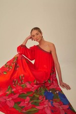 FARM Rio Red Summer Foliage Scarf One Shoulder Maxi Dress Size L New With Tags