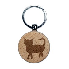 Cat Prancing Solid Engraved Wood Round Keychain Tag Charm