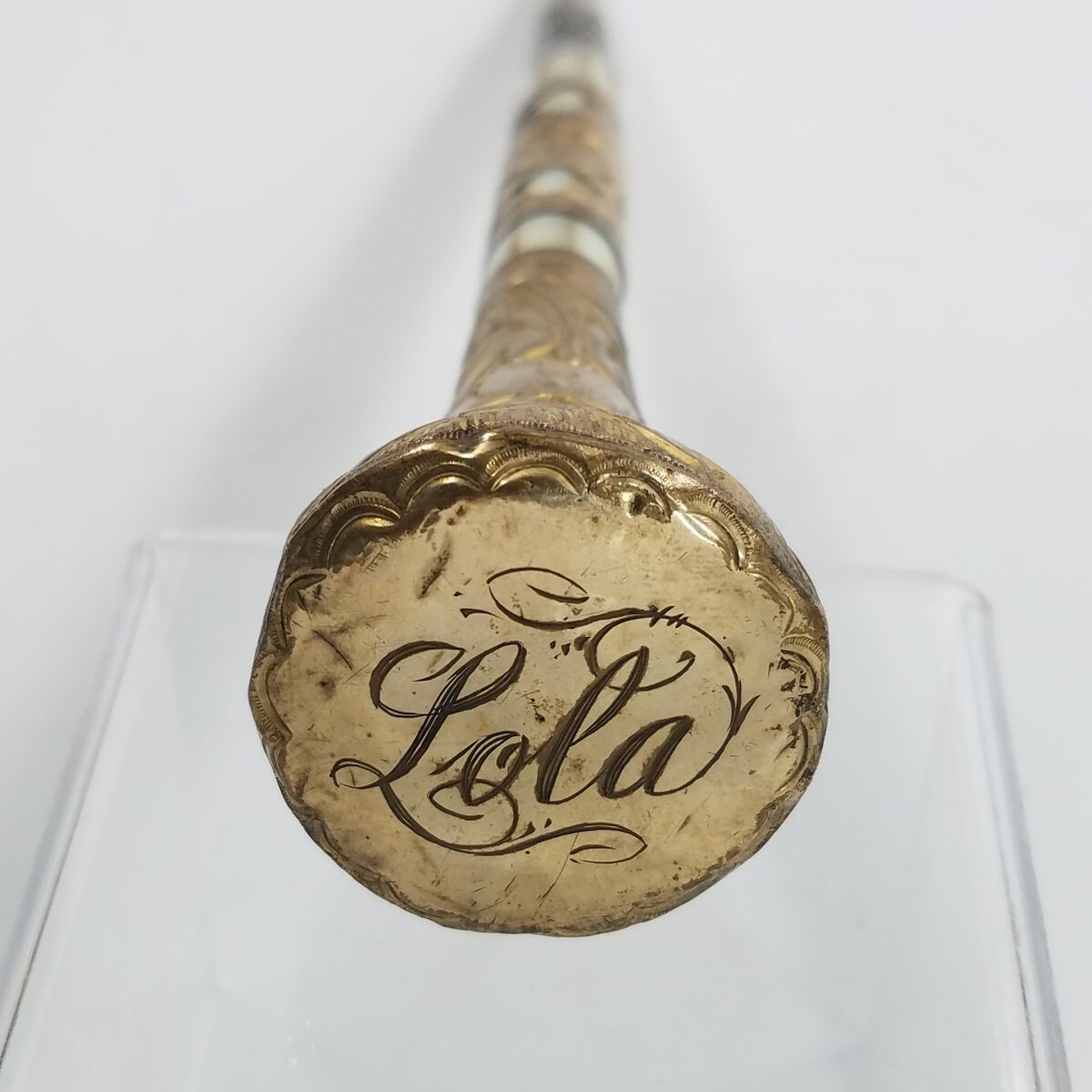 アンティークパラソル Antique K&H Parasol Handle Engraved Lola Gold Color MOP Floral