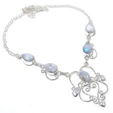 Rainbow Moonstone Gemstone 925 Sterling Silver Handmade Jewelry Necklace Sz 18"