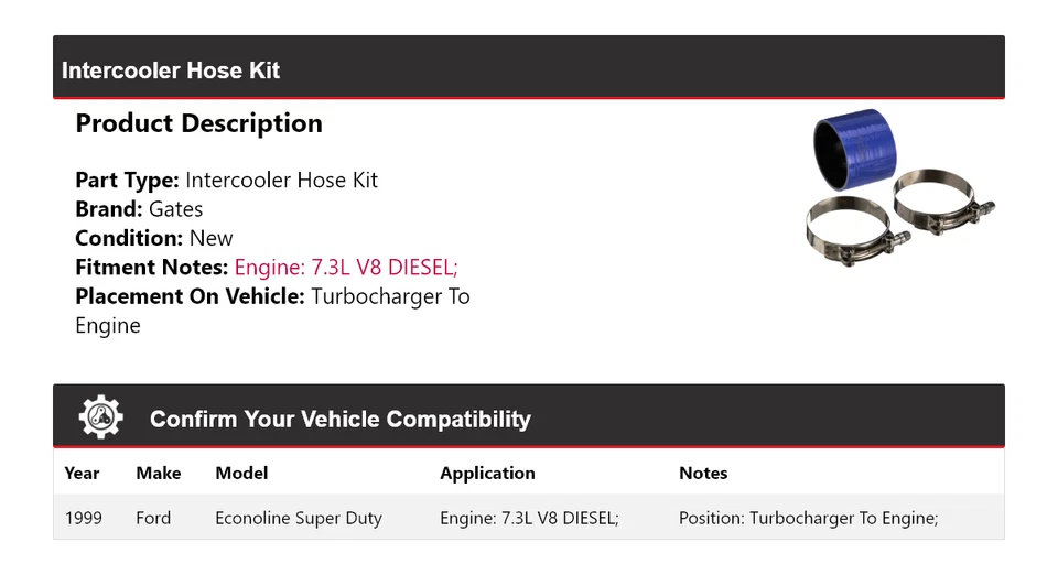 Kit de manguera intercooler para Ford Econoline Super Duty 1999 puertas Foto 2 de 3