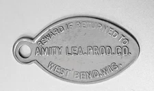 VTG Charge Coin Key Fob Tag: Amity Lea Prod Co;  Westbend WI (Leather Products)