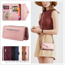 For iPhone Crossbody Leather Wallet Card Bag Case Hand Strap Stand Phone Cover