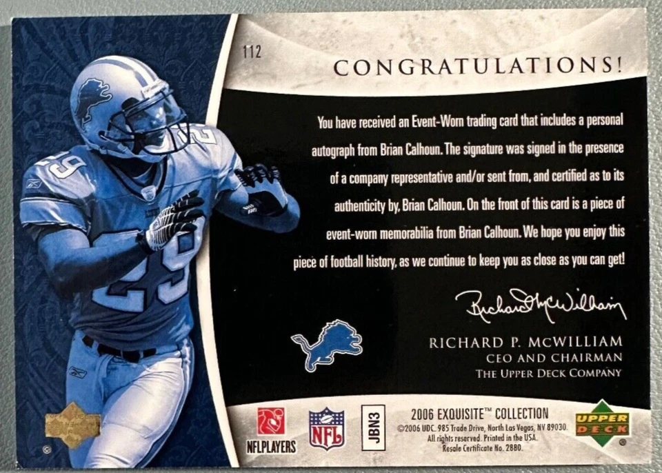 BRIAN CALHOUN 2006 UD Exquisite Collection Rookie Patch Autograph Gold 15/99 - Image 2 of 2