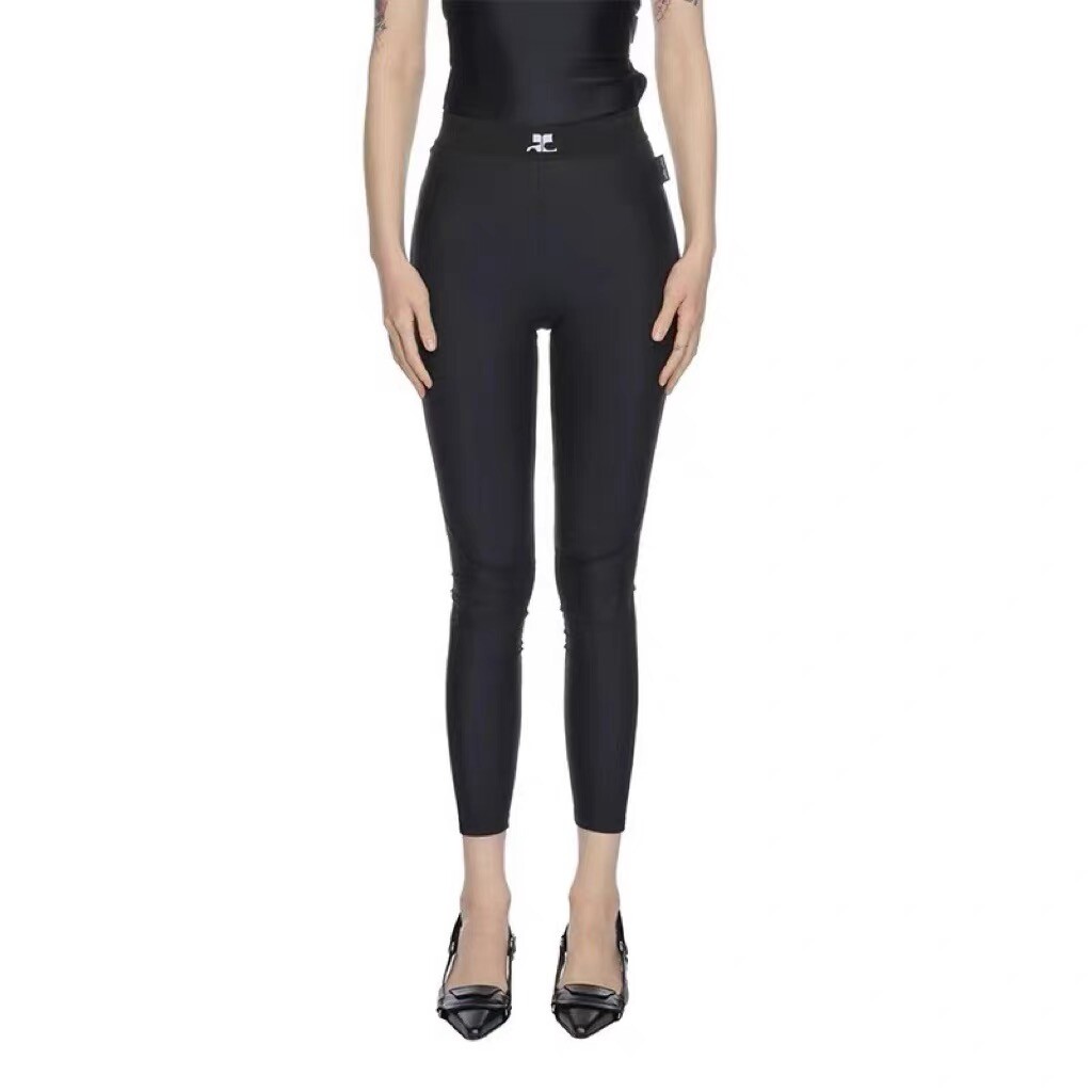 スパッツ・レギンス Courreges Black Stretch Nylon Leggings Black Logo Long Pants Courreges Bike Yoga Sport Legging