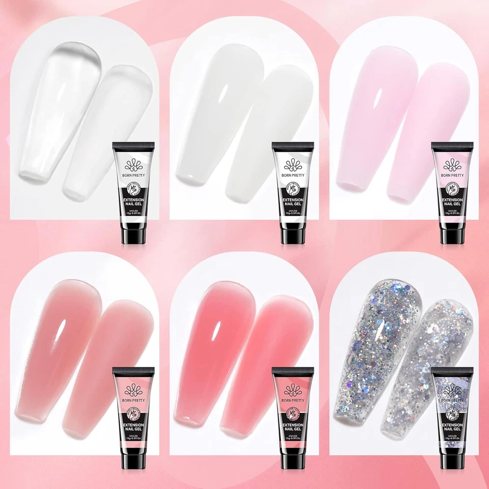 BORN PRETTY Kit de Gel de Extensión de Uñas de Polietileno-6 Colores Kit de Gel de Uñas de Polietileno Transparente J Foto 2 de 4