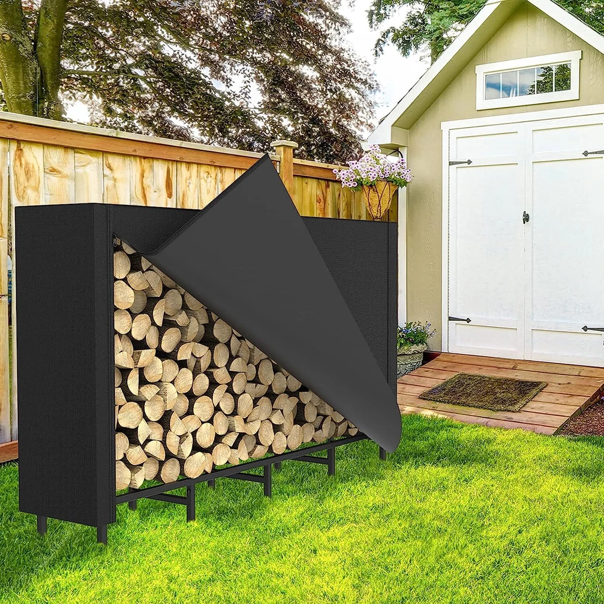 Firewood Rack Fireplace Log Holder, Matte Black Metal & Burnt