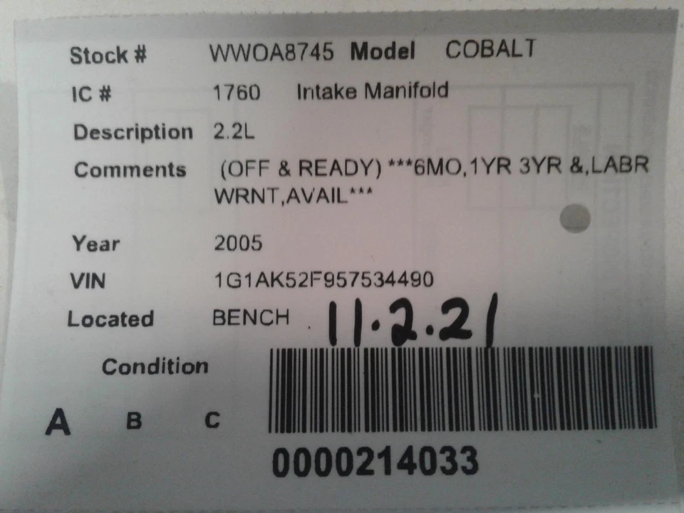 Used Engine Intake Manifold fits: 2005 Chevrolet Cobalt 2.2 Grade A Foto 3 de 4