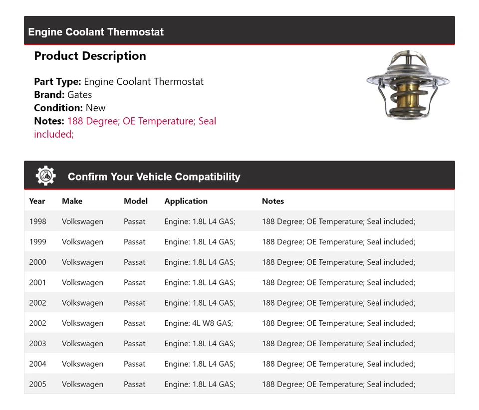 Para Volkswagen Passat 1998-2005 Motor Refrigerante Termostato Puertas 1999 2000 2001 Foto 2 de 4