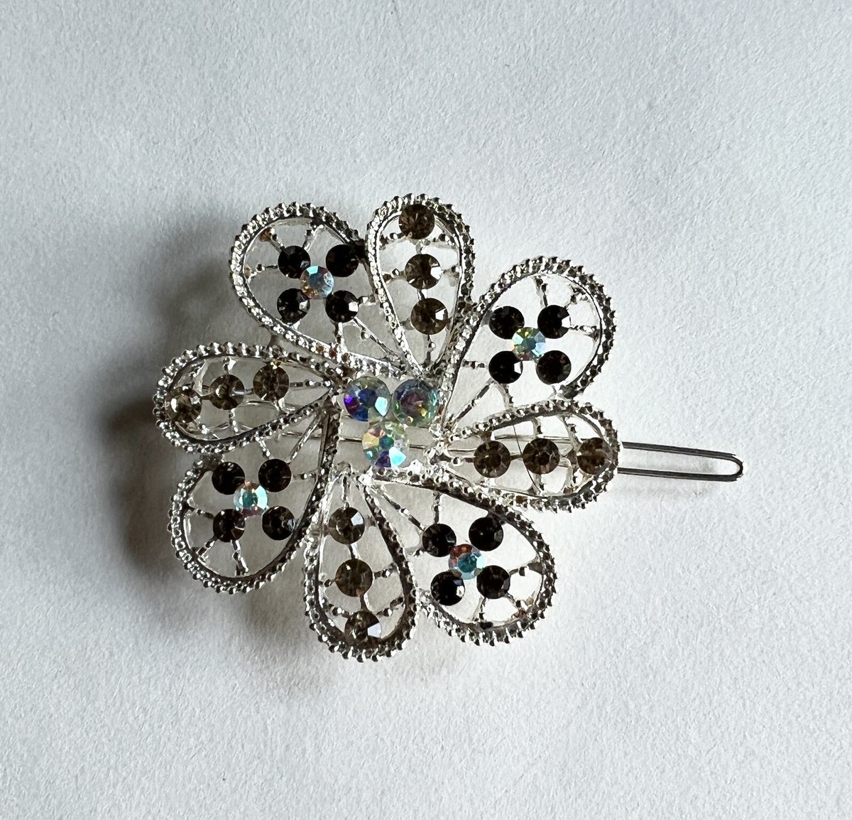 Silver Tone Flower Floral Rhinestone Hair Barrette Clip | eBay