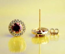 14K Solid Yellow Gold Halo Stud Push Back Earrings