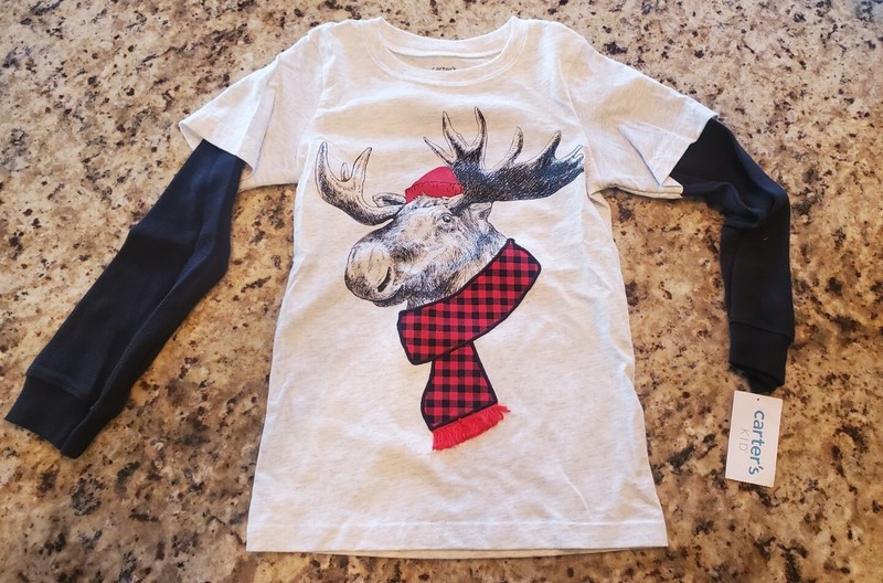 Brand NewCarter's Kids Size 5 Gray Christmas Holiday Reindeer Shirt Top