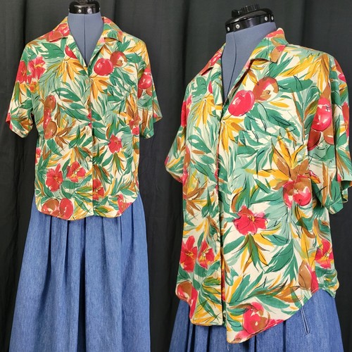Vintage Cristin Stevens Yellow/Green/Red Tropical Print Button Down Size M - Afbeelding 1 van 17