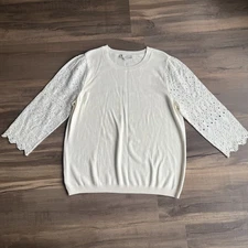 LOFT Women’s Cotton Knitted Pullover Top Eyelet Sleeves Cotton Ivory XL