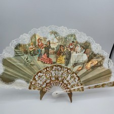 Vintage Spanish Folding Fan Flamenco Dancers W/ Lace Trim 17" Wide EUC