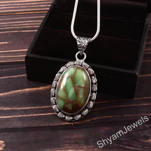 Argento Sterling Naturale Ovale Rame Crisoprasio Gemma Lunetta Ciondolo Regalo - Foto 3 di 4