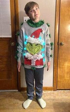 Ugly Christmas Sweater The Grinch Green Lights Boys Large 12/14