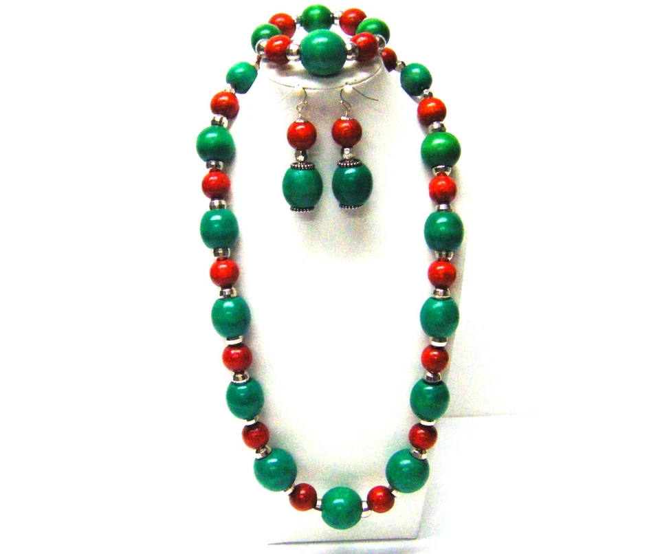 Grueso redondo/verde ovalado con cuentas de madera naranja oscuro collar/pulsera/pendientes Foto 2 de 4